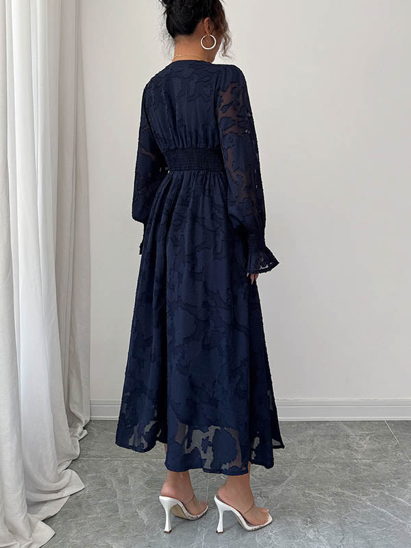 A-Line Elasticated Waist Jacquard Leaves Print Ruffled Solid Color Split-Joint Deep V-Neck Midi Dresses