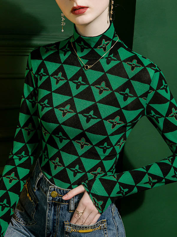 Long Sleeves Skinny Bronzing Contrast Color High Neck T-Shirts Tops