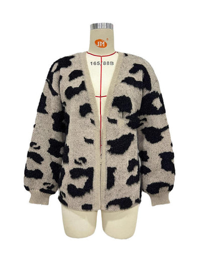Long Sleeves Loose Contrast Color Leopard Print Cardigan Tops