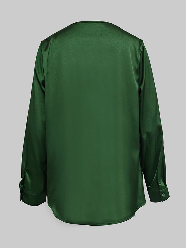 Solid Color V-Neck Long Sleeves Blouse Shirt Top