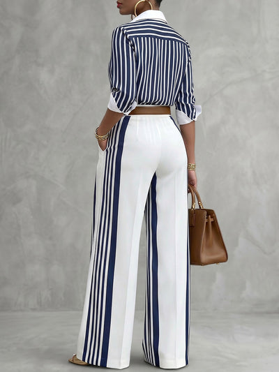 Long Sleeves Buttoned Contrast Color Striped Lapel Blouses&Shirts Tops