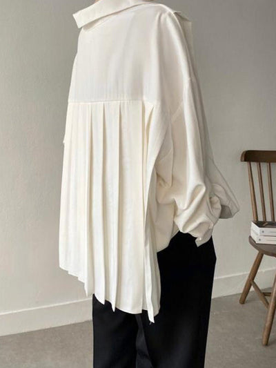 Long Sleeves Loose Buttoned Pleated Solid Color Lapel Collar Blouses&shirts Tops