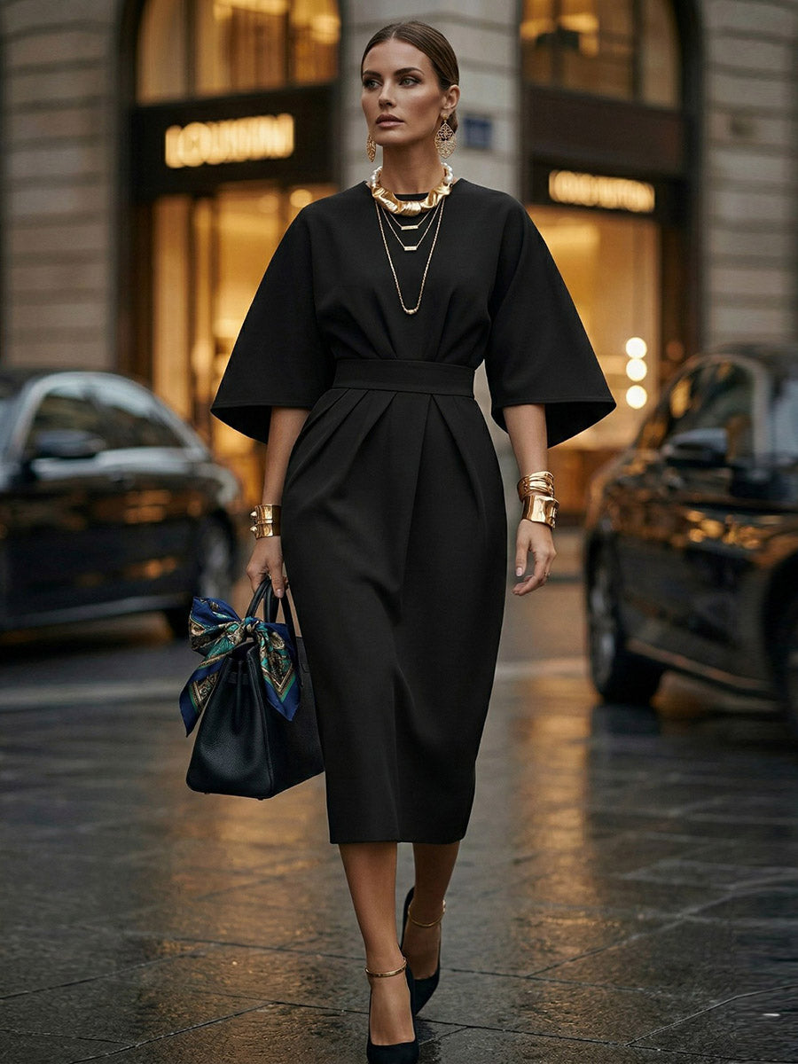 Batwing Sleeves Elasticated Waist Pleated Solid Color Split-Joint Round-Neck Midi Dresses