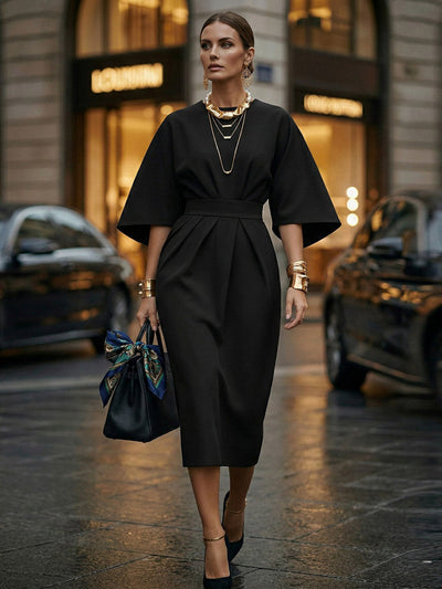 Batwing Sleeves Elasticated Waist Pleated Solid Color Split-Joint Round-Neck Midi Dresses