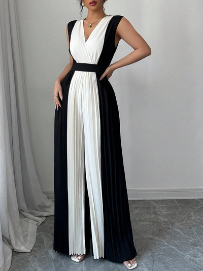 High Waisted Loose Contrast Color Pleated V-Neck Jumpsuits
