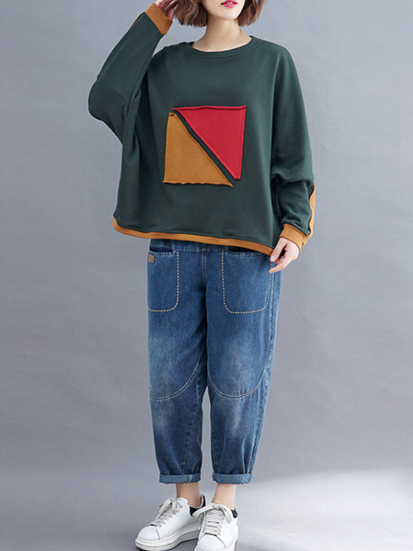 Artistic Retro Loose Triangle Applique Contrast Color Round-Neck Long Raglan Sleeves Sweatshirt