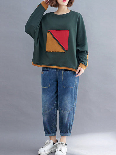 Artistic Retro Loose Triangle Applique Contrast Color Round-Neck Long Raglan Sleeves Sweatshirt