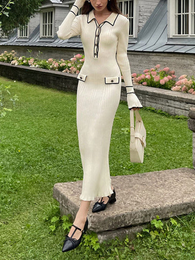 Long Sleeves Pleated Ruffled Split-Joint Lapel Maxi Dresses Sweater Dresses