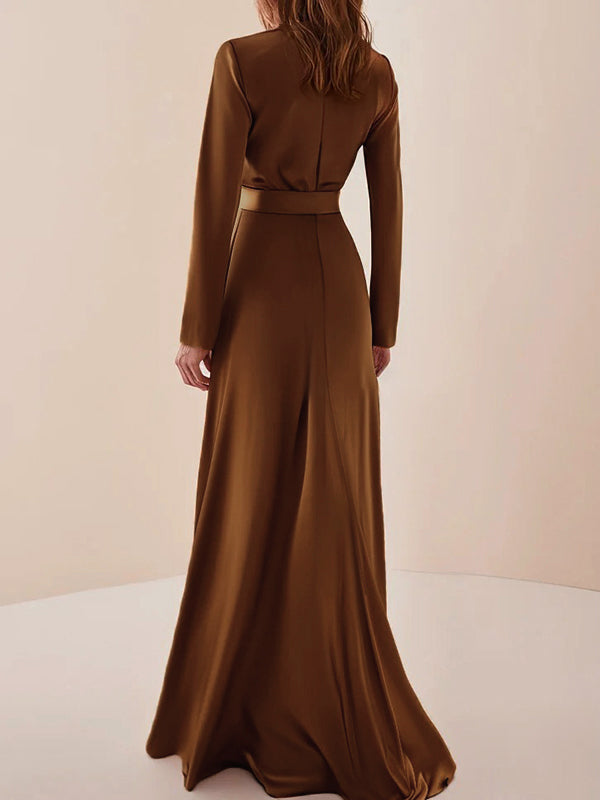 Long Sleeves Loose Pleated Shiny Solid Color Split-Joint Tied Waist High Neck Evening Dresses Maxi Dresses