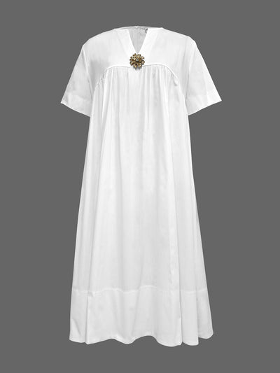 Loose Short Sleeves Solid Color Deep V-Neck Midi Dresses Shirt Dress