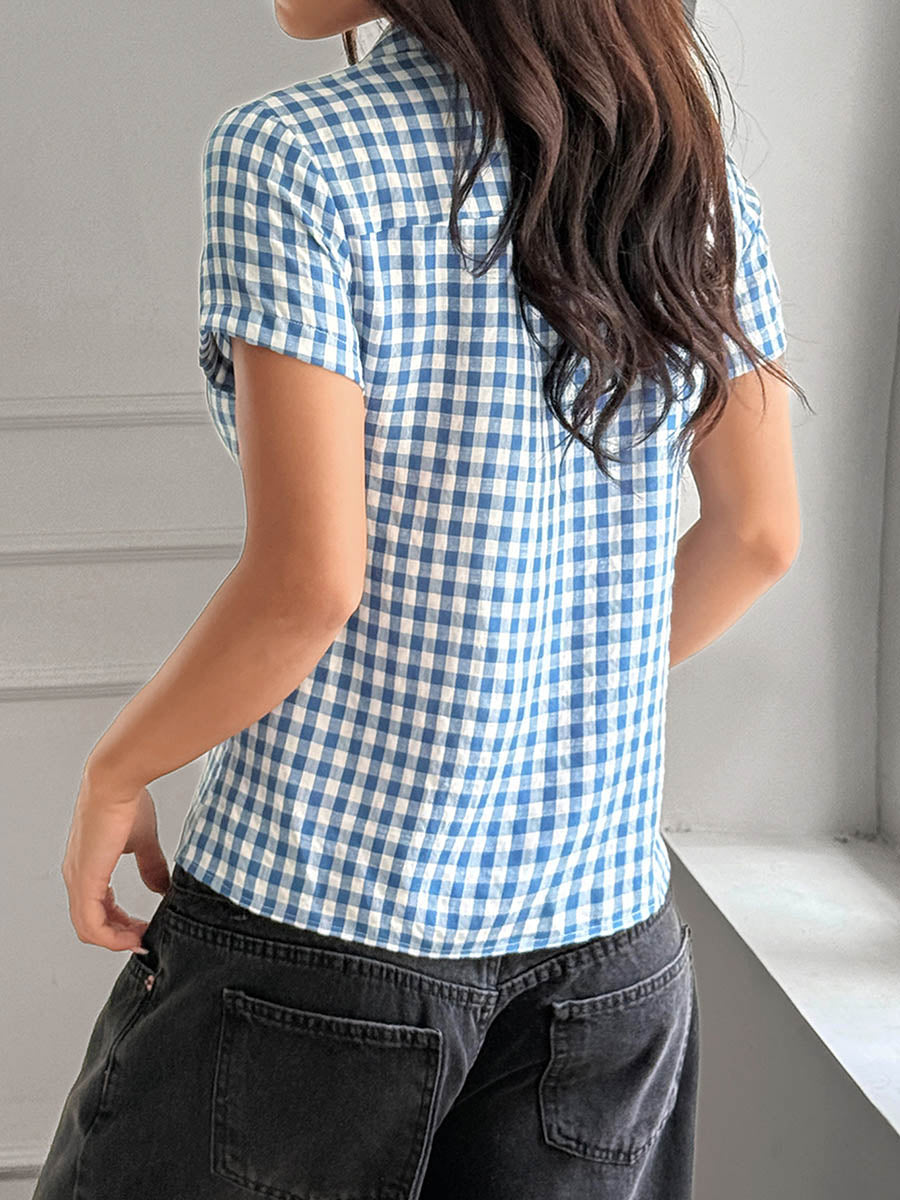 Short Sleeves Skinny Buttoned Contrast Color Plaid Split-Joint Lapel Blouses&Shirts Tops