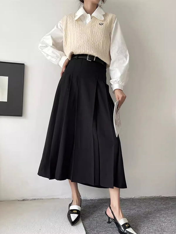 A-Line High Waisted Pleated Solid Color Split-Joint Skirts