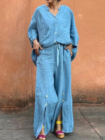 Loose Wide Leg Drawstring Solid Color Split-Front Split-Joint Pants Trousers