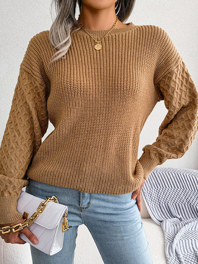 Long Sleeves Loose Cable Knit Solid Color Round-Neck Sweater Tops