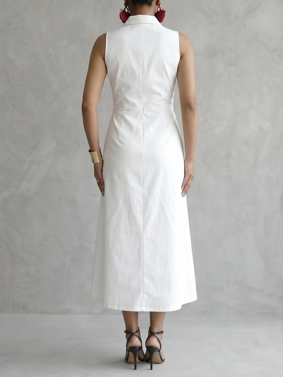A-Line High Waisted Hollow Solid Color Split-Front Zipper Lapel Maxi Dresses