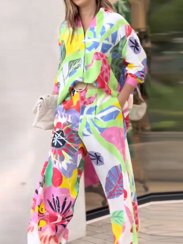 Contrast Color Printed Long Sleeves Buttoned Lapel Blouses Top+ High Waisted Pants Bottom Two Pieces Set