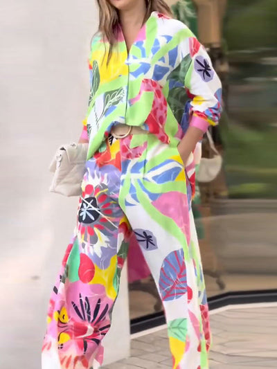 Contrast Color Printed Long Sleeves Buttoned Lapel Blouses Top+ High Waisted Pants Bottom Two Pieces Set