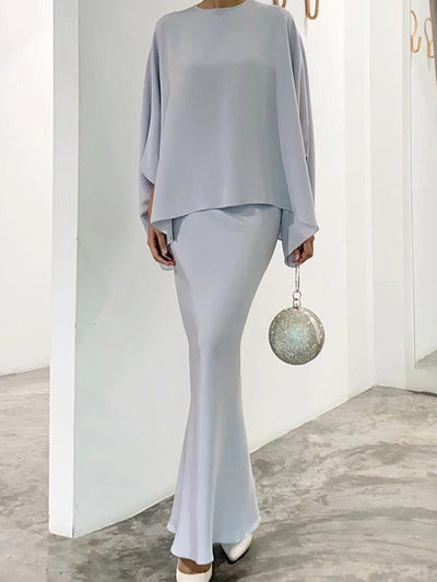 Batwing Sleeves Pearl Solid Color Round-Neck Shirts&Skirts Suits
