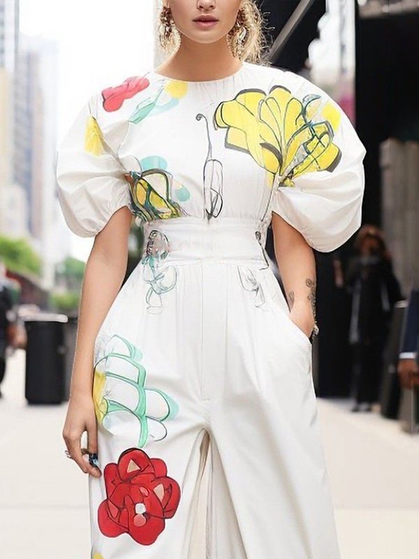 Half Sleeves Puff Sleeves Flower Print Pleated Round-Neck Blouses&Shirts Tops