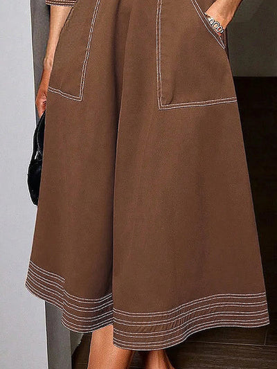 Long Sleeves Loose Buttoned Elasticity Pockets Solid Color Lapel Maxi Dresses