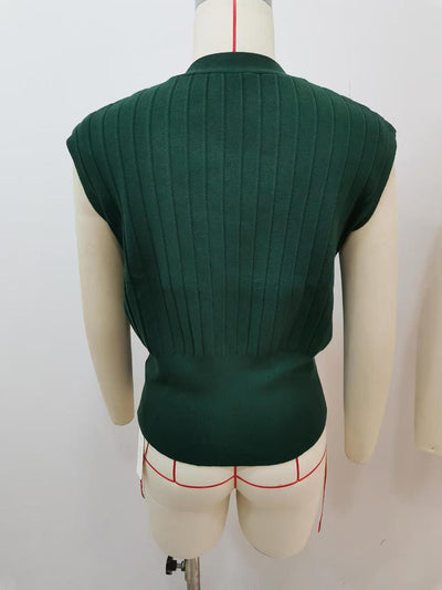 High Waisted Loose Buckle Ribbed Knit Solid Color Split-Joint Split-Side V-Neck Vest Top