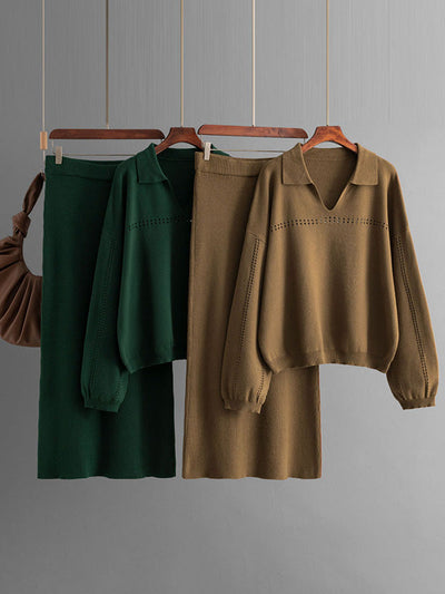 Loose Puff Sleeves Hollow Solid Color Sweater + Elasticity Skirt Two Pieces Set