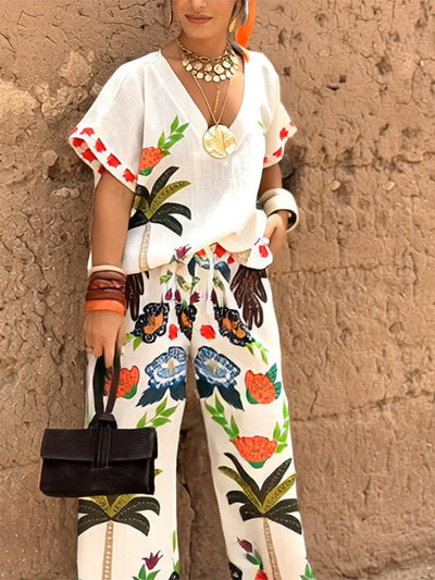 High Waisted Loose Drawstring Elasticity Printed Split-Joint Pants Trousers