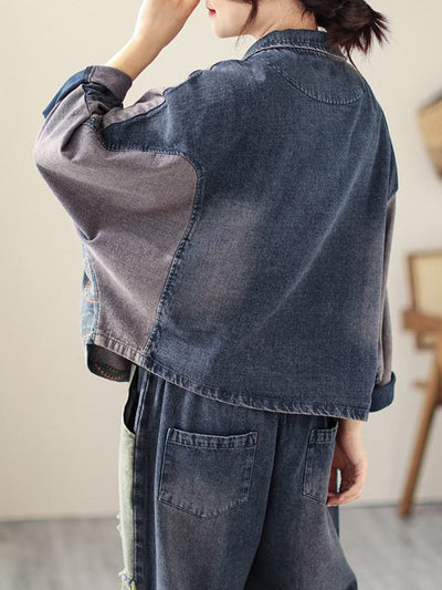 Contrast Color Fringed Split-Joint Long Sleeves Printed Outwear + Harem Pants  Two Pieces Set