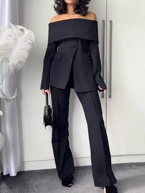 Long Sleeves Solid Color Split-Front Split-Joint Off-The-Shoulder Blazer
