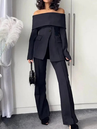 Long Sleeves Solid Color Split-Front Split-Joint Off-The-Shoulder Blazer
