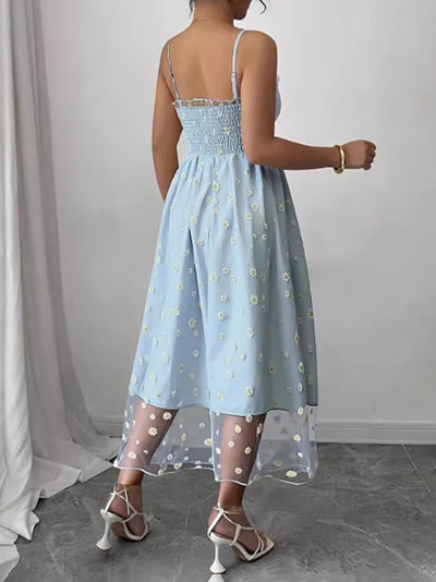 High Waisted Sleeveless Flower Print Layered Pleated Spaghetti-Neck Midi Dresses