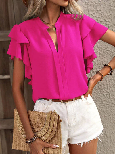 Loose Ruffle Sleeves Ruffle Trim Solid Color V-Neck Blouses&Shirts Tops