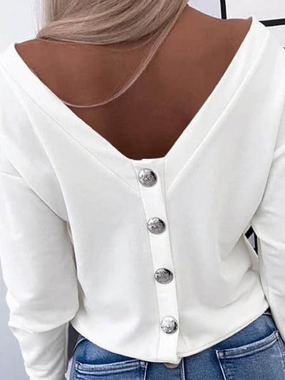 Long Sleeves Loose Buttoned Solid Color Round-Neck T-Shirts Tops