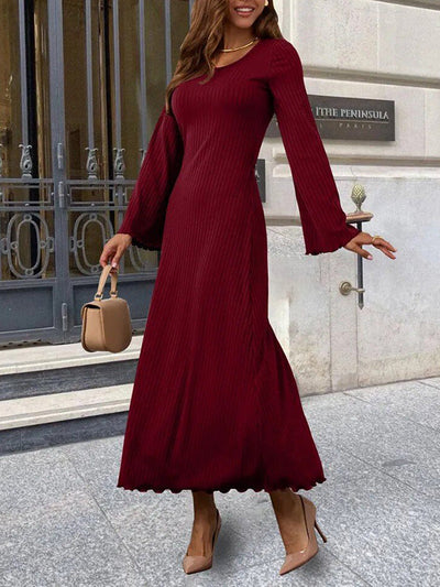 Long Sleeves Pleated Ruffled Solid Color Split-Joint Round-Neck Maxi Dresses