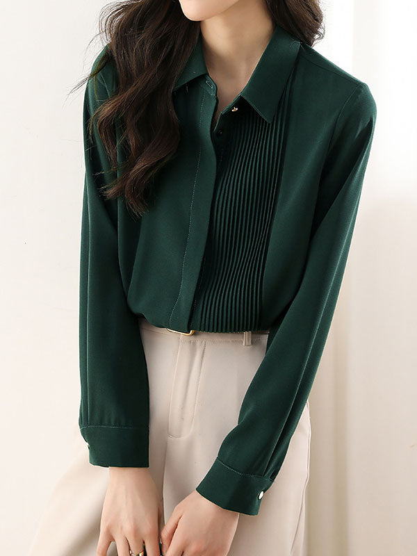 Long Sleeves Loose Buttoned Pleated Solid Color Lapel Blouses&Shirts Tops