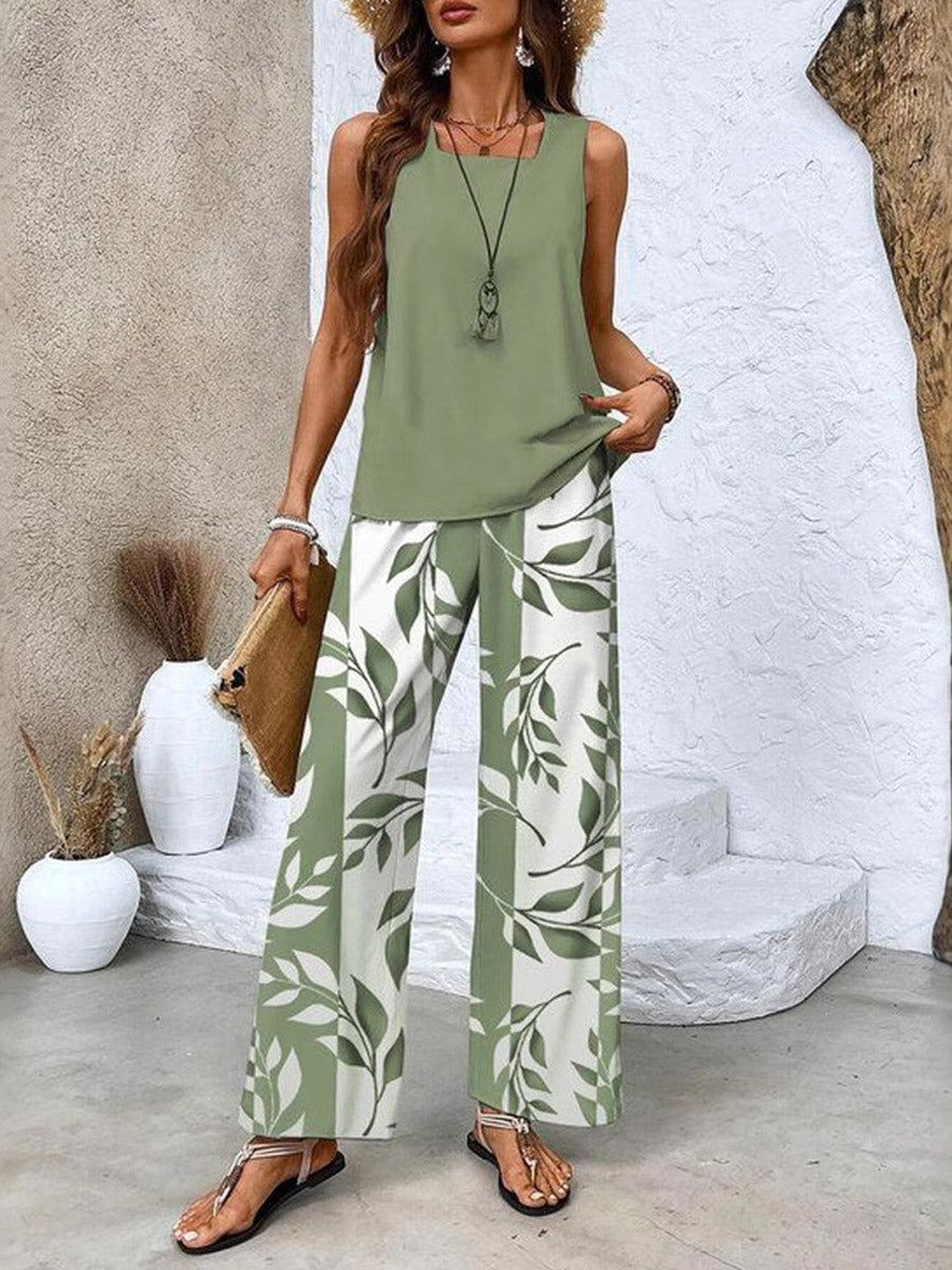 Loose Solid Color Square-Neck Tank Top +  Contrast Color Leaves Print Pockets High Waisted Trousers Pants Two Pieces Set