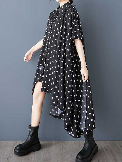A-Line High-Low Asymmetric Buttoned Polka-Dot Lapel Midi Dresses Shirt Dress
