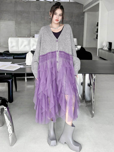 High-Low Irregularity Buttoned Contrast Color Mesh Pleated Ribs Split-Joint Collarless Cardigan Tops Outerwear