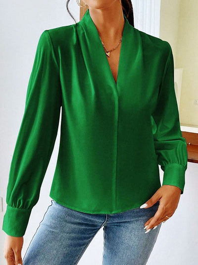 Long Sleeves Loose Pleated Solid Color Split-Joint V-Neck Blouses&Shirts Tops