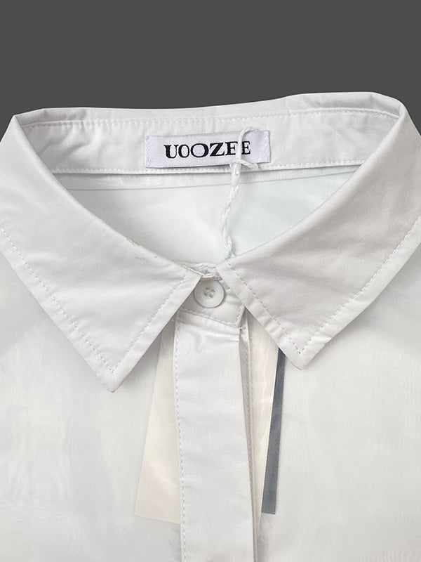 Short Sleeves See-Through Solid Color Split-Joint Lapel Blouses&Shirts Tops