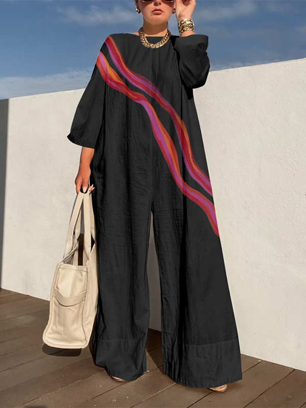 Long Sleeves Loose Striped Jumpsuits