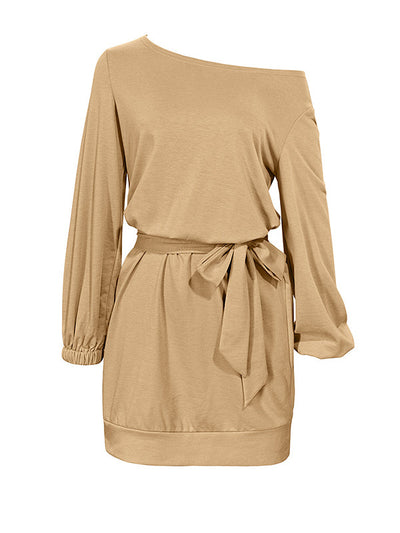 Long Sleeves Loose Elasticity Solid Color Tied Waist One-Shoulder Mini Dresses