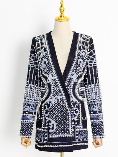 Long Sleeves Loose Beads Printed V-Neck Blazer Outerwear