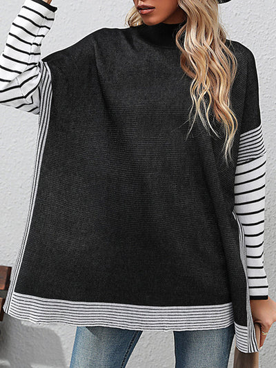Long Sleeves Loose Contrast Color Striped Mock Neck Pullovers Sweater Tops