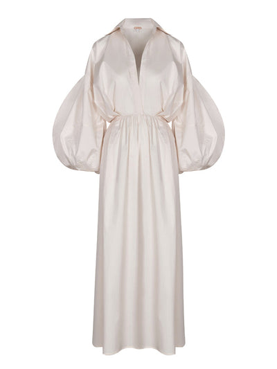 Long Sleeves Loose No Belt Solid Color V-Neck Maxi Dresses