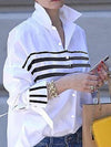Flared Sleeves Long Sleeves Buttoned Contrast Color Split-Joint Striped Stand Collar Blouses&Shirts Tops