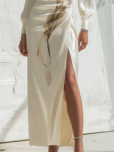 Long Sleeves Flower Print Pleated Split-Side Round-Neck Maxi Dresses