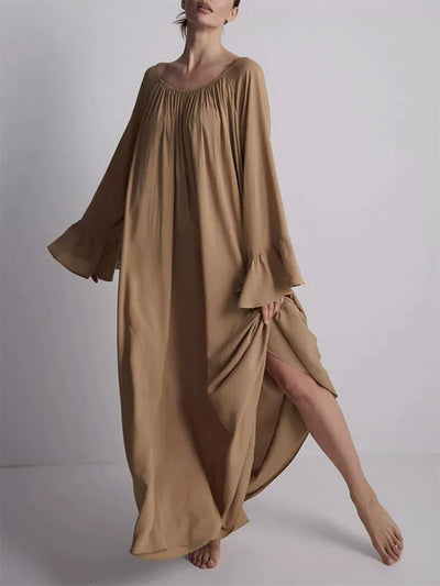 Flared Sleeves Loose Pleated Solid Color Split-Joint Round-Neck Maxi Dresses