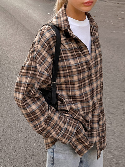 Long Sleeves Loose Buttoned Contrast Color Plaid Split-Joint Lapel Blouses&Shirts Tops Outerwear