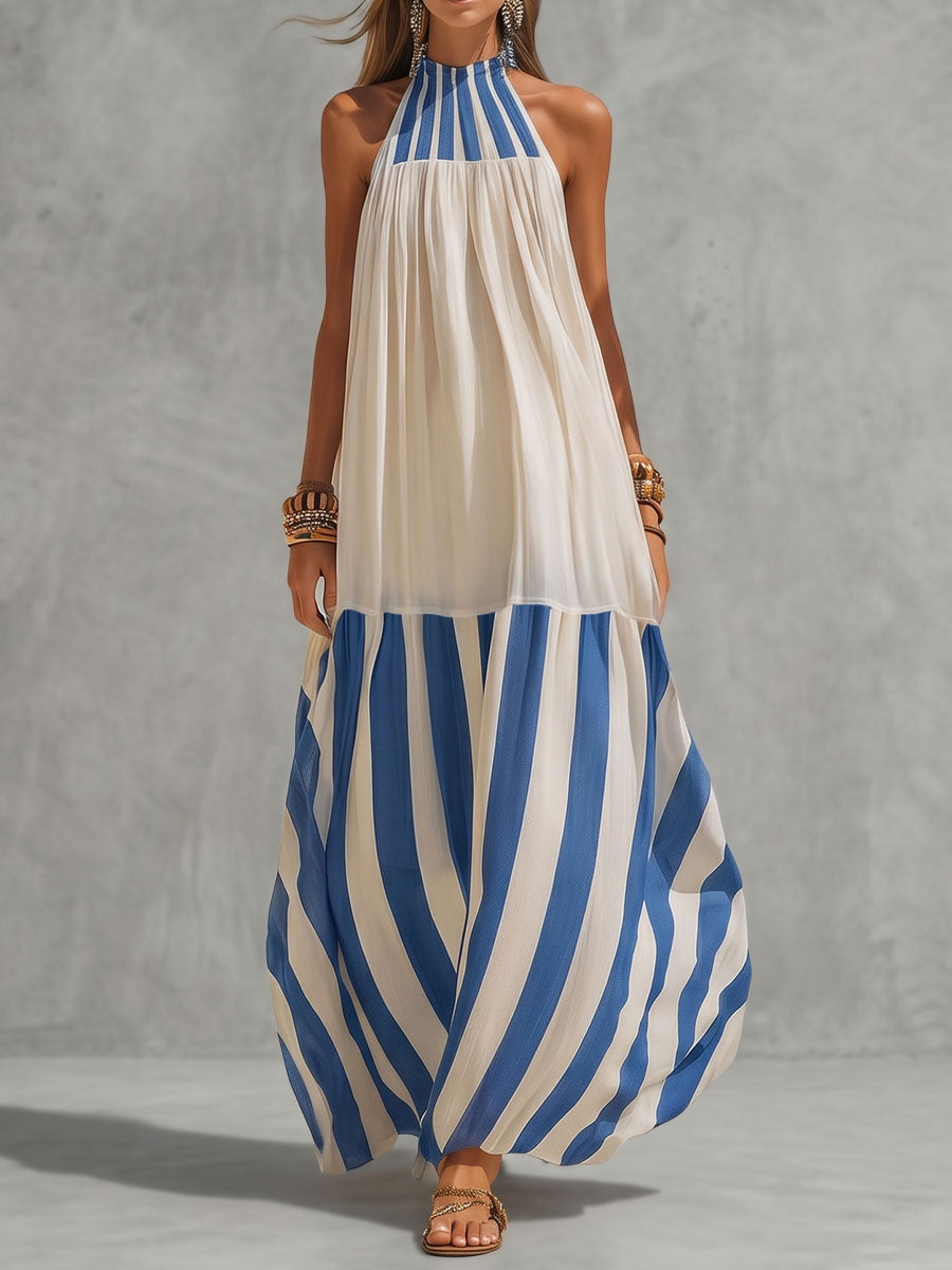 A-Line Loose Contrast Color Pleated Striped Halter-Neck Maxi Dresses